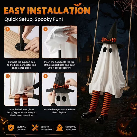 6 FT Hanging Ghost Decorations with Witch Hat and String Lights