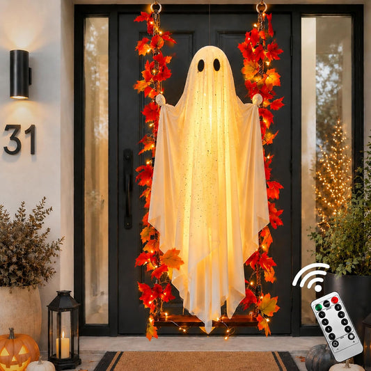 Halloween Decorations Outdoor Indoor-5.3Ft Hanging Ghost Decor with a Maple Leaf 6.6Ft Swing,Ghost Light,Halloween Decor for Tree,Yard,Porch,Garden